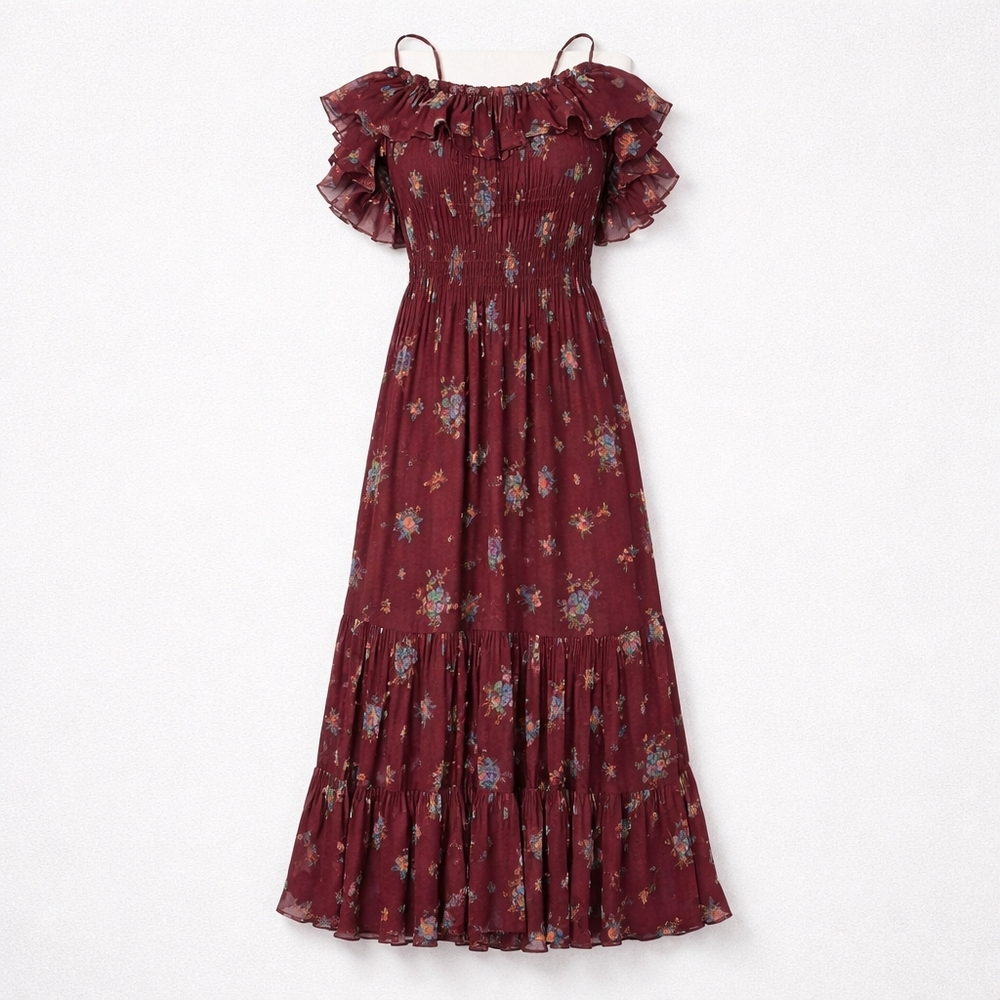 Free People Garden Party Maxi Dress Burgundy Floral Smocked Ruffle S